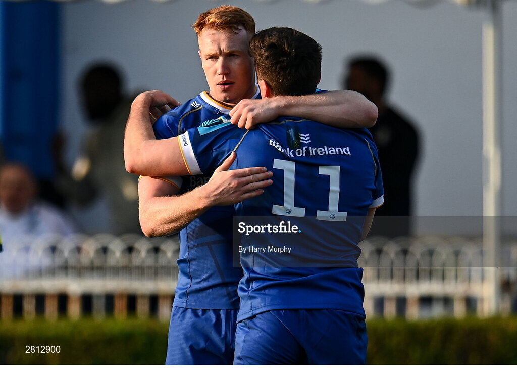 11 May 2024; Jimmy O'Brien of Leinster celebrates with teammate Ciarán Frawley after scoring his side's first try during the United Rugby Championship match between Leinster and Ospreys at the RDS Arena in Dublin. Photo by Harry Murphy/Sportsfile