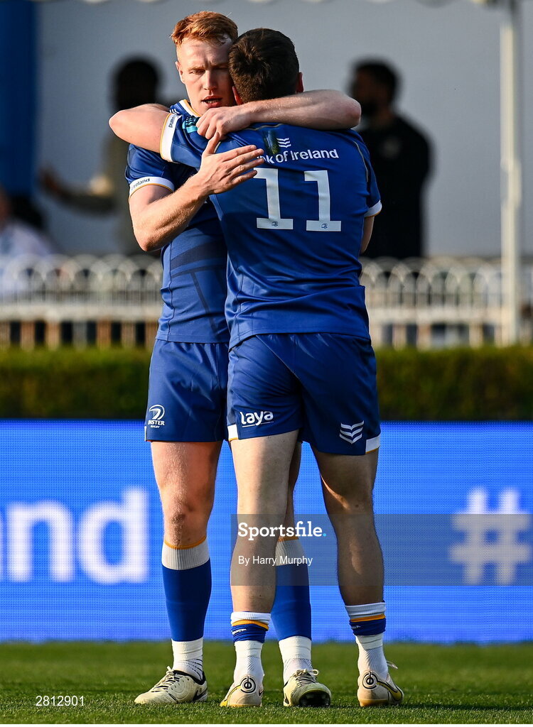 11 May 2024; Jimmy O'Brien of Leinster celebrates with teammate Ciarán Frawley after scoring his side's first try during the United Rugby Championship match between Leinster and Ospreys at the RDS Arena in Dublin. Photo by Harry Murphy/Sportsfile