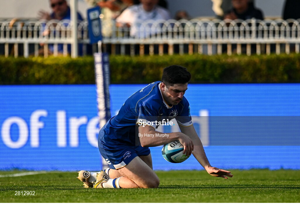 11 May 2024; Jimmy O'Brien of Leinster dives over to score his side's first try during the United Rugby Championship match between Leinster and Ospreys at the RDS Arena in Dublin. Photo by Harry Murphy/Sportsfile
