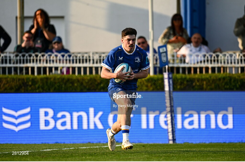 11 May 2024; Jimmy O'Brien of Leinster on his way to scoring his side's first try the United Rugby Championship match between Leinster and Ospreys at the RDS Arena in Dublin. Photo by Harry Murphy/Sportsfile