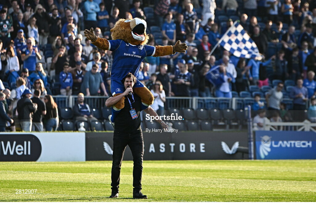 11 May 2024; Leinster mascot Leo the Lion with Mike McCarthy before the United Rugby Championship match between Leinster and Ospreys at the RDS Arena in Dublin. Photo by Harry Murphy/Sportsfile