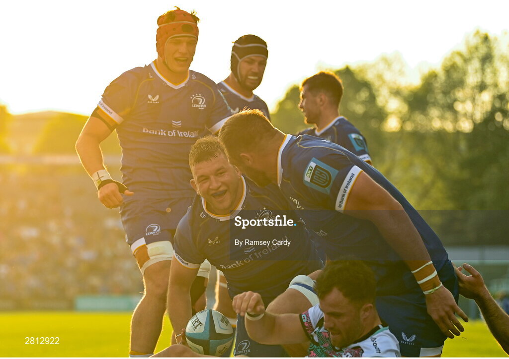 11 May 2024; Ross Molony of Leinster celebrates after scoring his side's second try during the United Rugby Championship match between Leinster and Ospreys at the RDS Arena in Dublin. Photo by Ramsey Cardy/Sportsfile