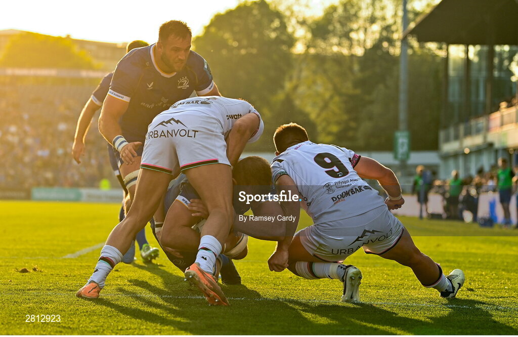 11 May 2024; Ross Molony of Leinster scores his side's second try during the United Rugby Championship match between Leinster and Ospreys at the RDS Arena in Dublin. Photo by Ramsey Cardy/Sportsfile