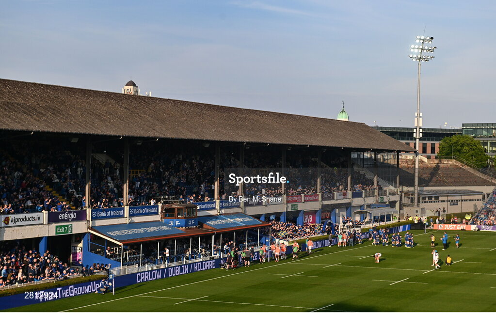 11 May 2024; A general view of the RDS Arena as Leinster players take to the pitch before the United Rugby Championship match between Leinster and Ospreys at the RDS Arena in Dublin. Photo by Ben McShane/Sportsfile