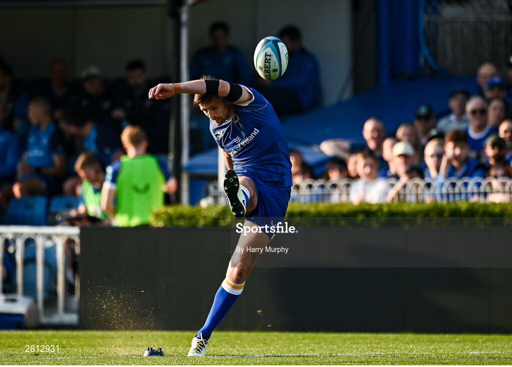 11 May 2024; Ross Byrne of Leinster kicks a conversion during the United Rugby Championship match between Leinster and Ospreys at the RDS Arena in Dublin. Photo by Harry Murphy/Sportsfile