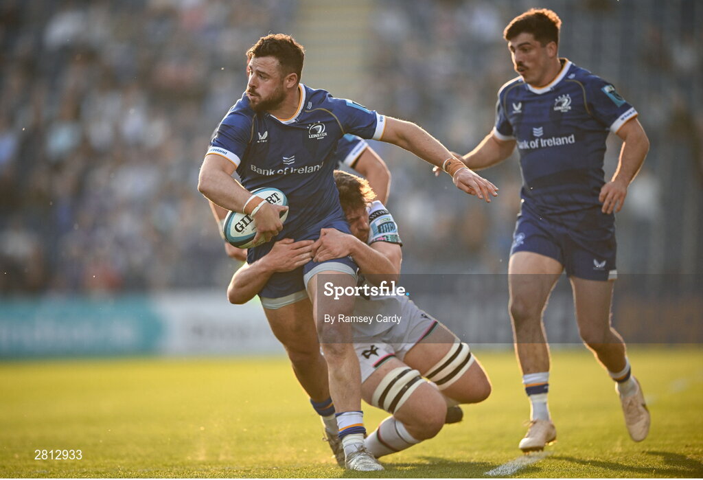 11 May 2024; Robbie Henshaw of Leinster is tackled by James Ratti of Ospreys during the United Rugby Championship match between Leinster and Ospreys at the RDS Arena in Dublin. Photo by Ramsey Cardy/Sportsfile