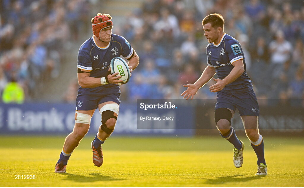11 May 2024; Josh van der Flier, left, and Luke McGrath of Leinster during the United Rugby Championship match between Leinster and Ospreys at the RDS Arena in Dublin. Photo by Ramsey Cardy/Sportsfile