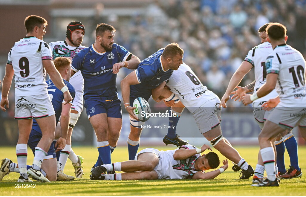 11 May 2024; Ross Molony of Leinster is tackled by Harri Deaves of Ospreys during the United Rugby Championship match between Leinster and Ospreys at the RDS Arena in Dublin. Photo by Ramsey Cardy/Sportsfile