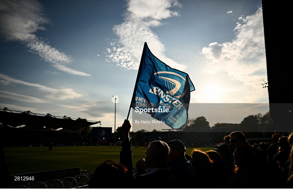 11 May 2024; A Leinster flag flies during the United Rugby Championship match between Leinster and Ospreys at the RDS Arena in Dublin. Photo by Harry Murphy/Sportsfile