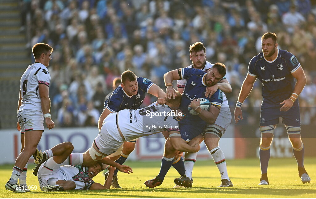 11 May 2024; Rónan Kelleher of Leinster is tackled by Huw Sutton and James Ratti of Ospreys during the United Rugby Championship match between Leinster and Ospreys at the RDS Arena in Dublin. Photo by Harry Murphy/Sportsfile