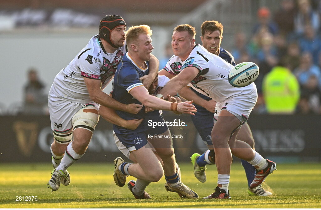 11 May 2024; Jamie Osborne of Leinster is tackled by Morgan Morris, left, and Dewi Lake of Ospreys during the United Rugby Championship match between Leinster and Ospreys at the RDS Arena in Dublin. Photo by Ramsey Cardy/Sportsfile