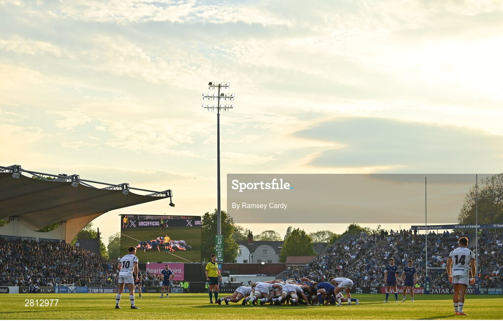 11 May 2024; A general view of a scrum during the United Rugby Championship match between Leinster and Ospreys at the RDS Arena in Dublin. Photo by Ramsey Cardy/Sportsfile