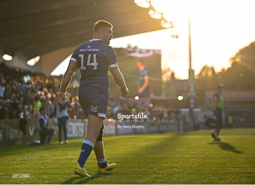 11 May 2024; Jordan Larmour of Leinster after scoring his side's third try during the United Rugby Championship match between Leinster and Ospreys at the RDS Arena in Dublin. Photo by Harry Murphy/Sportsfile
