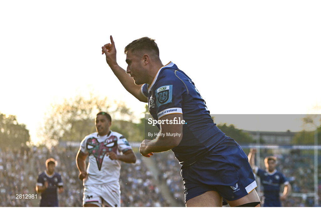 11 May 2024; Jordan Larmour of Leinster celebrates after scoring his side's third try during the United Rugby Championship match between Leinster and Ospreys at the RDS Arena in Dublin. Photo by Harry Murphy/Sportsfile