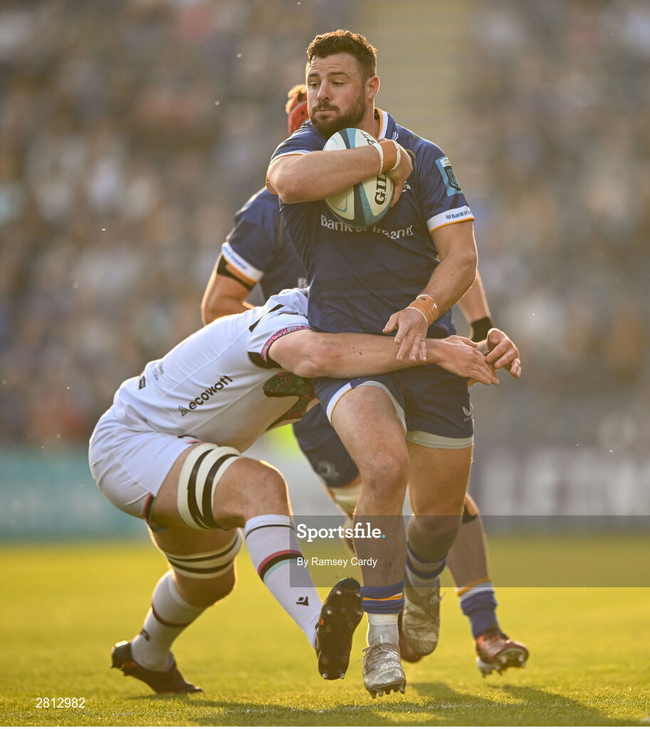 11 May 2024; Robbie Henshaw of Leinster is tackled by James Ratti of Ospreys during the United Rugby Championship match between Leinster and Ospreys at the RDS Arena in Dublin. Photo by Ramsey Cardy/Sportsfile