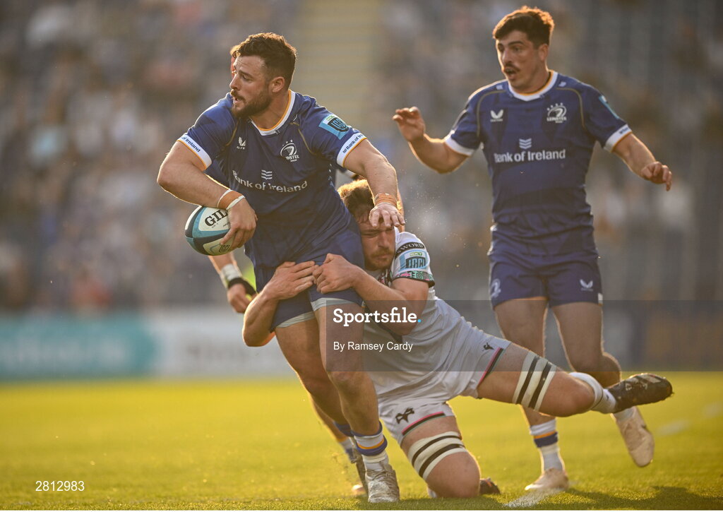 11 May 2024; Robbie Henshaw of Leinster is tackled by James Ratti of Ospreys during the United Rugby Championship match between Leinster and Ospreys at the RDS Arena in Dublin. Photo by Ramsey Cardy/Sportsfile