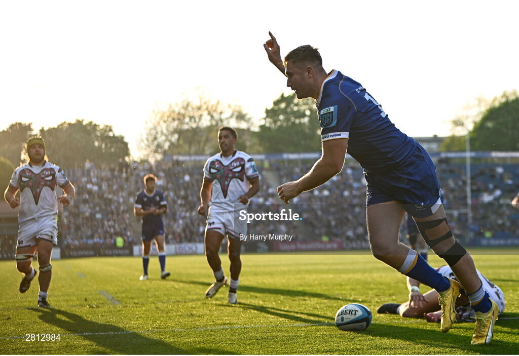 11 May 2024; Jordan Larmour of Leinster celebrates after scoring his side's third try during the United Rugby Championship match between Leinster and Ospreys at the RDS Arena in Dublin. Photo by Harry Murphy/Sportsfile