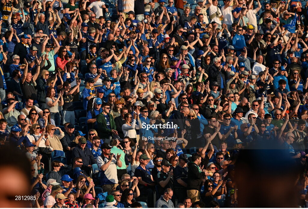 11 May 2024; Leinster supporters during the United Rugby Championship match between Leinster and Ospreys at the RDS Arena in Dublin. Photo by Ramsey Cardy/Sportsfile