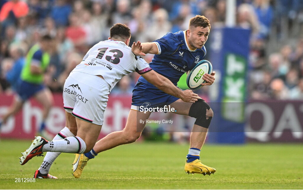 11 May 2024; Jordan Larmour of Leinster is tackled by Owen Watkin of Ospreys during the United Rugby Championship match between Leinster and Ospreys at the RDS Arena in Dublin. Photo by Ramsey Cardy/Sportsfile