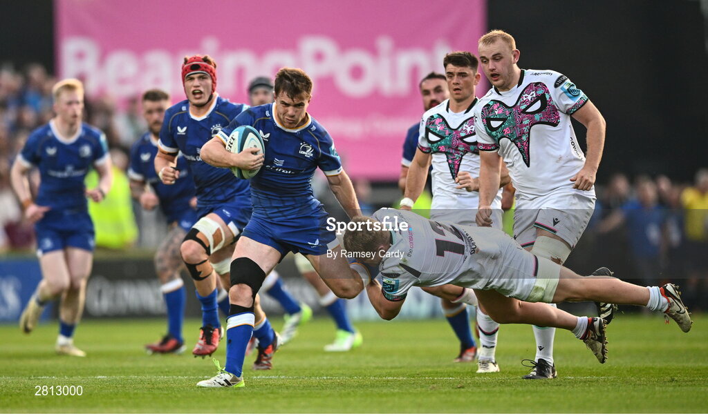 11 May 2024; Luke McGrath of Leinster is tackled by Kieran Williams of Ospreys during the United Rugby Championship match between Leinster and Ospreys at the RDS Arena in Dublin. Photo by Ramsey Cardy/Sportsfile