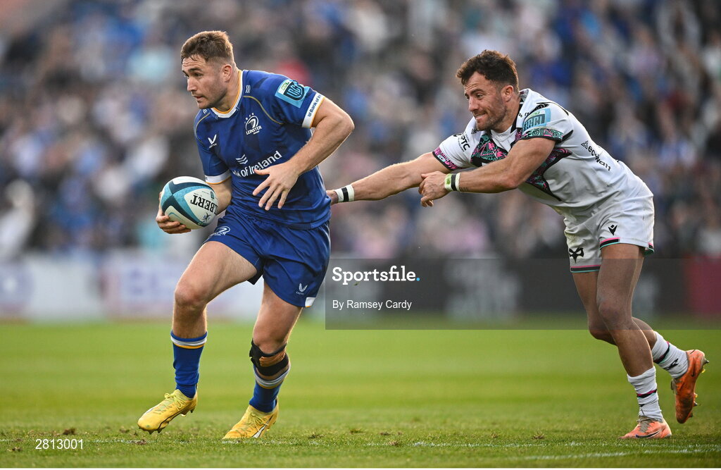 11 May 2024; Jordan Larmour of Leinster is tackled by Luke Morgan of Ospreys during the United Rugby Championship match between Leinster and Ospreys at the RDS Arena in Dublin. Photo by Ramsey Cardy/Sportsfile