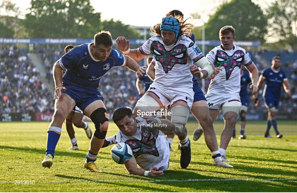 11 May 2024; Max Nagy of Ospreys drops the ball in the build up to Jordan Larmour of Leinster scoring his side's third try during the United Rugby Championship match between Leinster and Ospreys at the RDS Arena in Dublin. Photo by Harry Murphy/Sportsfile