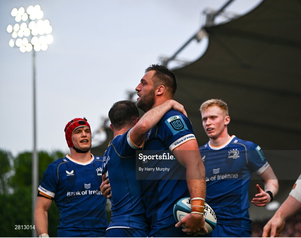 11 May 2024; Jason Jenkins of Leinster celebrates with teammate Luke McGrath after scoring his side's fourth try during the United Rugby Championship match between Leinster and Ospreys at the RDS Arena in Dublin. Photo by Harry Murphy/Sportsfile