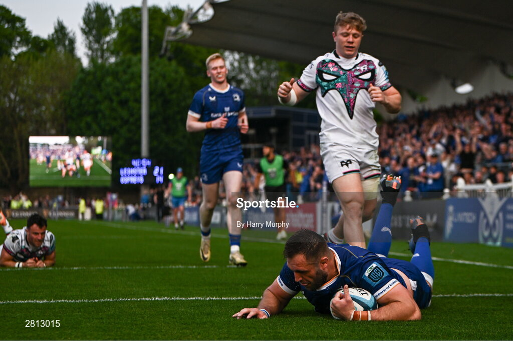 11 May 2024; Jason Jenkins of Leinster dives over to score his side's fourth try during the United Rugby Championship match between Leinster and Ospreys at the RDS Arena in Dublin. Photo by Harry Murphy/Sportsfile