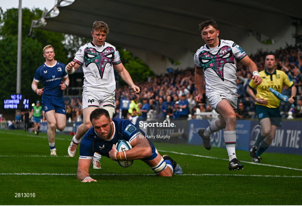 11 May 2024; Jason Jenkins of Leinster dives over to score his side's fourth try during the United Rugby Championship match between Leinster and Ospreys at the RDS Arena in Dublin. Photo by Harry Murphy/Sportsfile