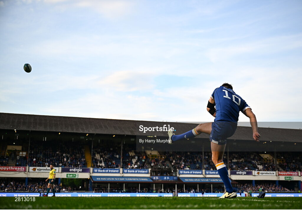 11 May 2024; Ross Byrne of Leinster kicks a conversion during the United Rugby Championship match between Leinster and Ospreys at the RDS Arena in Dublin. Photo by Harry Murphy/Sportsfile