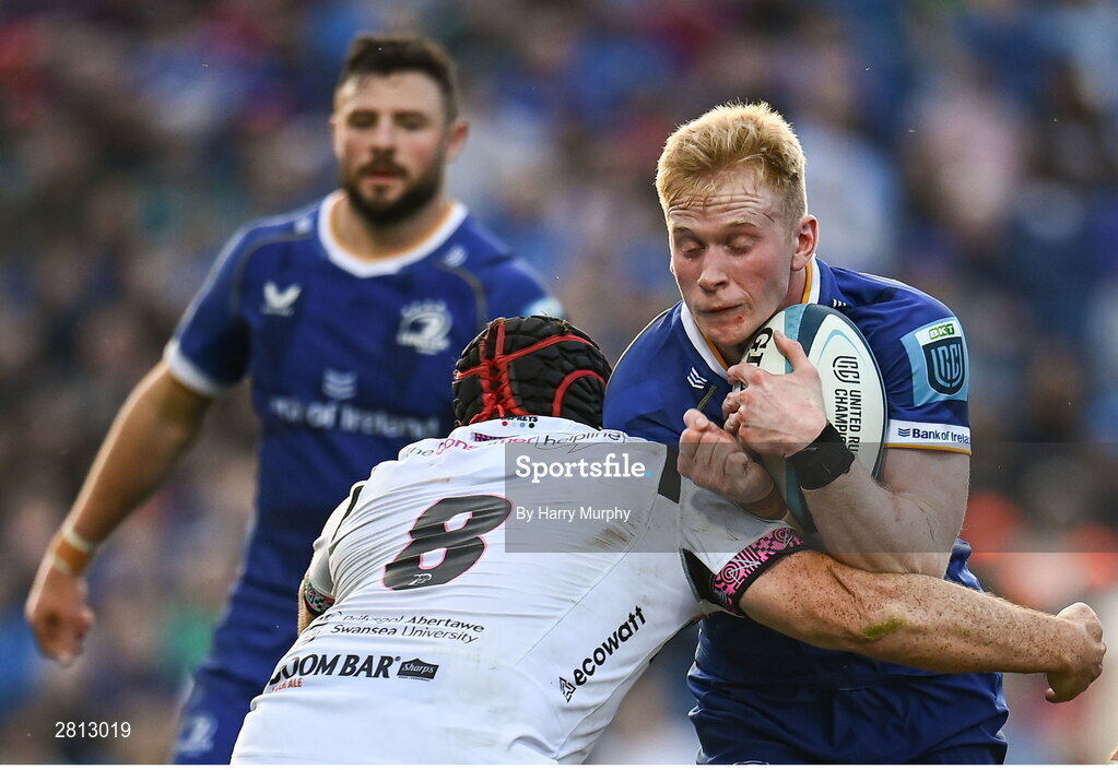 11 May 2024; Jamie Osborne of Leinster is tackled by Morgan Morris of Ospreys during the United Rugby Championship match between Leinster and Ospreys at the RDS Arena in Dublin. Photo by Harry Murphy/Sportsfile