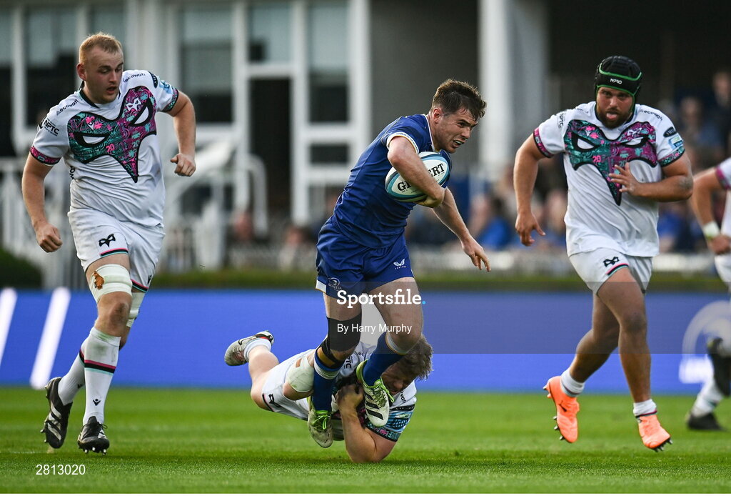 11 May 2024; Luke McGrath of Leinster is tackled by Kieran Williams of Ospreys during the United Rugby Championship match between Leinster and Ospreys at the RDS Arena in Dublin. Photo by Harry Murphy/Sportsfile