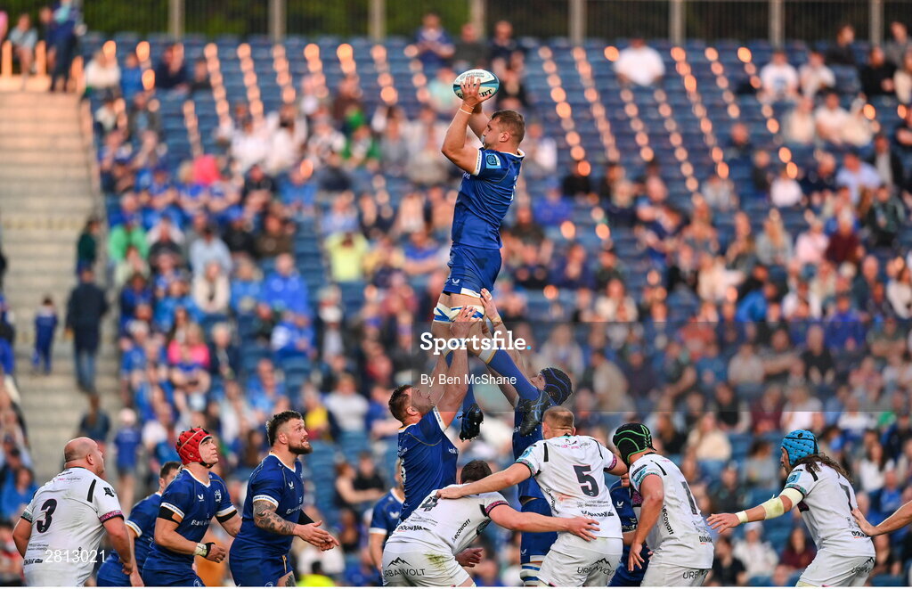 11 May 2024; Ross Molony of Leinster wins possession in the lineout during the United Rugby Championship match between Leinster and Ospreys at the RDS Arena in Dublin. Photo by Ben McShane/Sportsfile