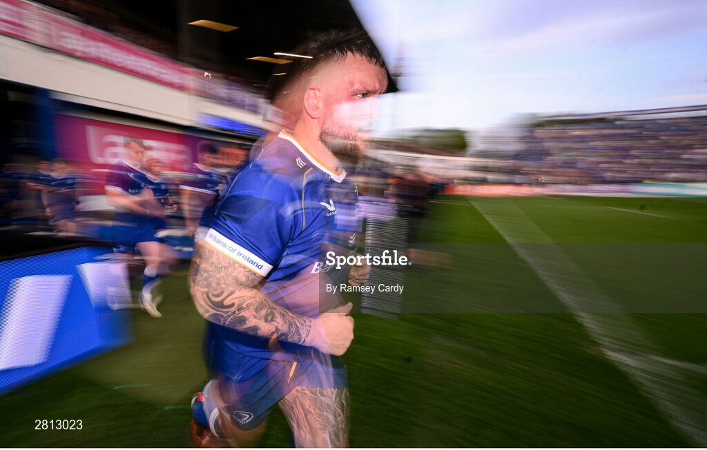 11 May 2024; Andrew Porter of Leinster runs out for the second half of the United Rugby Championship match between Leinster and Ospreys at the RDS Arena in Dublin. Photo by Ramsey Cardy/Sportsfile