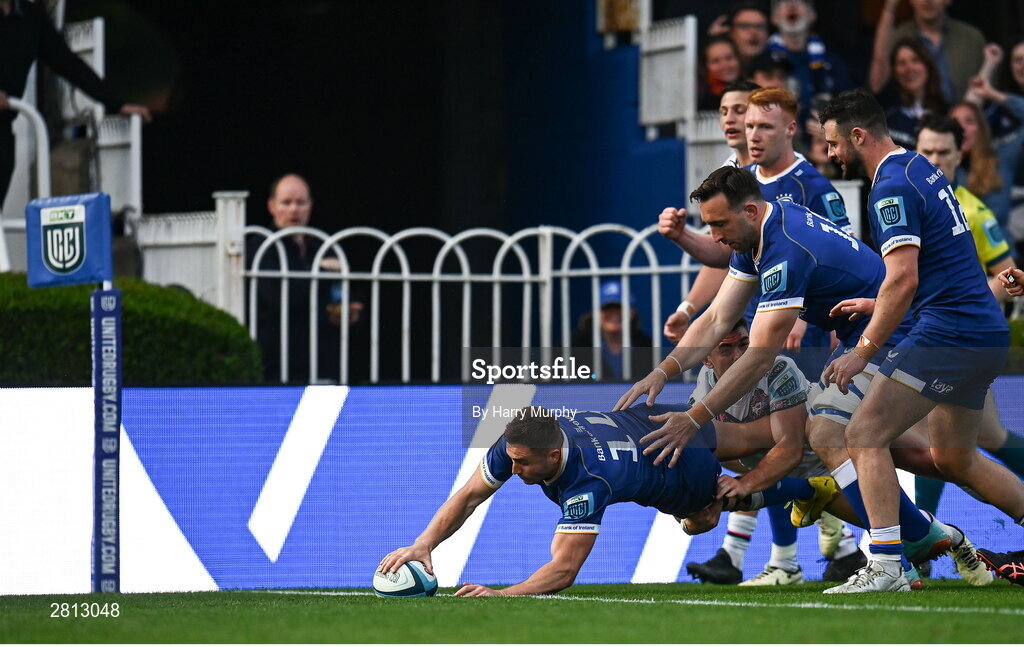 11 May 2024; Jordan Larmour of Leinster dives over to score his side's fifth try during the United Rugby Championship match between Leinster and Ospreys at the RDS Arena in Dublin. Photo by Harry Murphy/Sportsfile