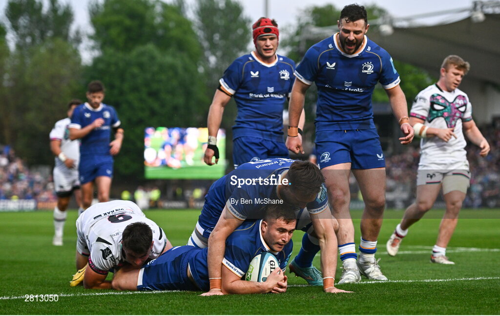 11 May 2024; Jordan Larmour of Leinster celebrates with teammate Jack Conan, top, after scoring their side's fifth try during the United Rugby Championship match between Leinster and Ospreys at the RDS Arena in Dublin. Photo by Ben McShane/Sportsfile