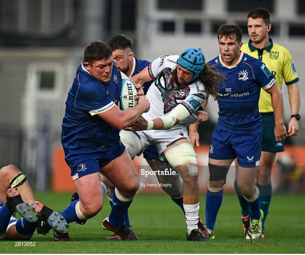 11 May 2024; Tadhg Furlong of Leinster is tackled by Justin Tipuric of Ospreys during the United Rugby Championship match between Leinster and Ospreys at the RDS Arena in Dublin. Photo by Harry Murphy/Sportsfile