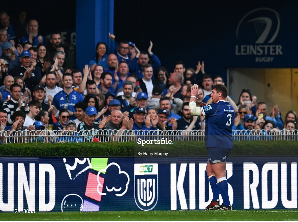 11 May 2024; Tadhg Furlong of Leinster acknowledges supportes as hhe leaves the field during the United Rugby Championship match between Leinster and Ospreys at the RDS Arena in Dublin. Photo by Harry Murphy/Sportsfile