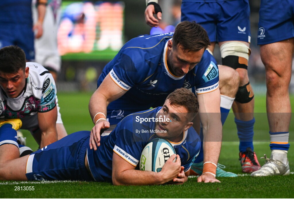 11 May 2024; Jordan Larmour of Leinster celebrates with teammate Jack Conan, top, after scoring their side's fifth try during the United Rugby Championship match between Leinster and Ospreys at the RDS Arena in Dublin. Photo by Ben McShane/Sportsfile