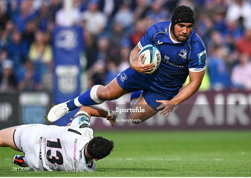 11 May 2024; Charlie Ngatai of Leinster is tackled by Owen Watkin of Ospreys during the United Rugby Championship match between Leinster and Ospreys at the RDS Arena in Dublin. Photo by Harry Murphy/Sportsfile