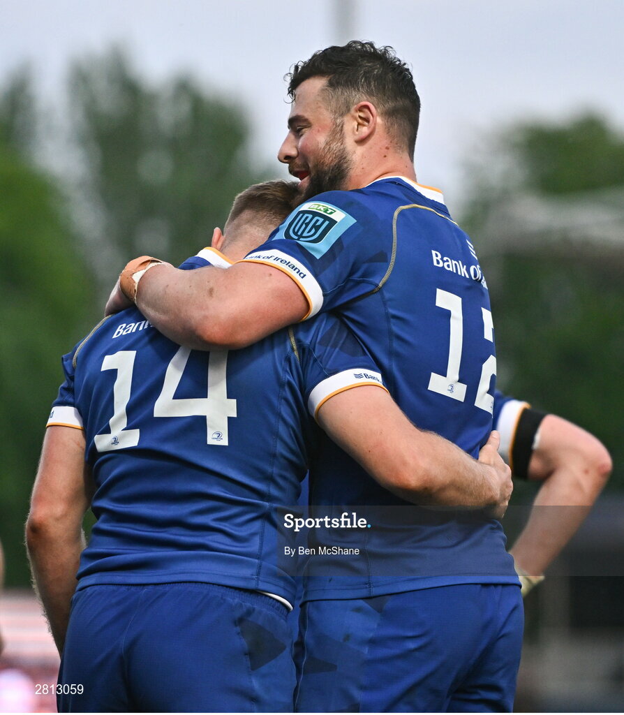 11 May 2024; Jordan Larmour, left, is congratulated by Leinster teammate Robbie Henshaw after scoring their side's fifth try during the United Rugby Championship match between Leinster and Ospreys at the RDS Arena in Dublin. Photo by Ben McShane/Sportsfile