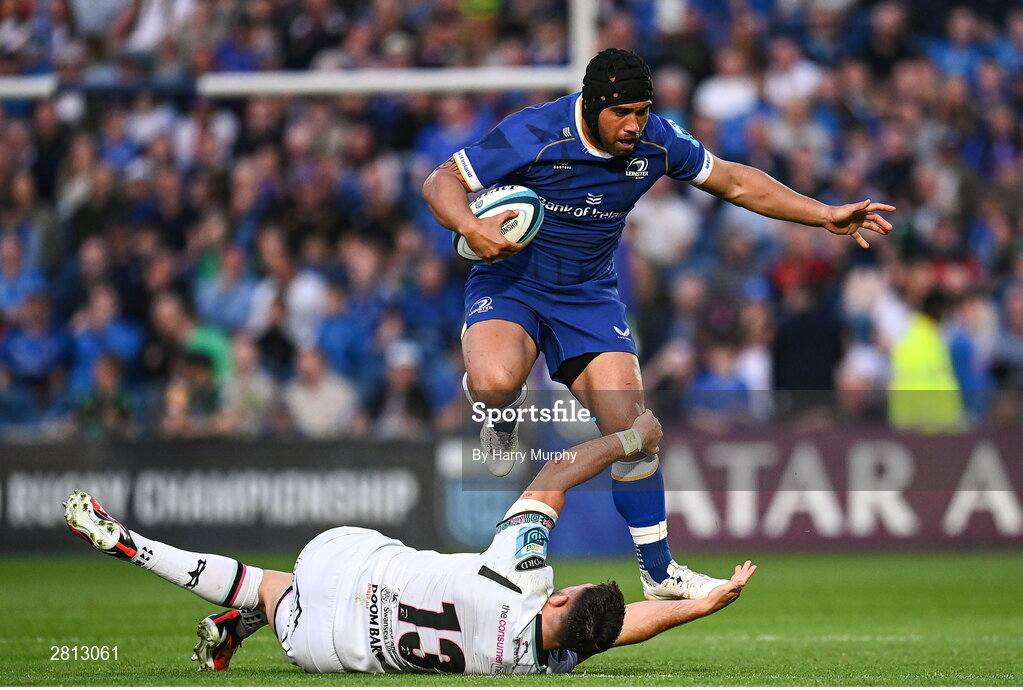 11 May 2024; Charlie Ngatai of Leinster is tackled by Owen Watkin of Ospreys during the United Rugby Championship match between Leinster and Ospreys at the RDS Arena in Dublin. Photo by Harry Murphy/Sportsfile
