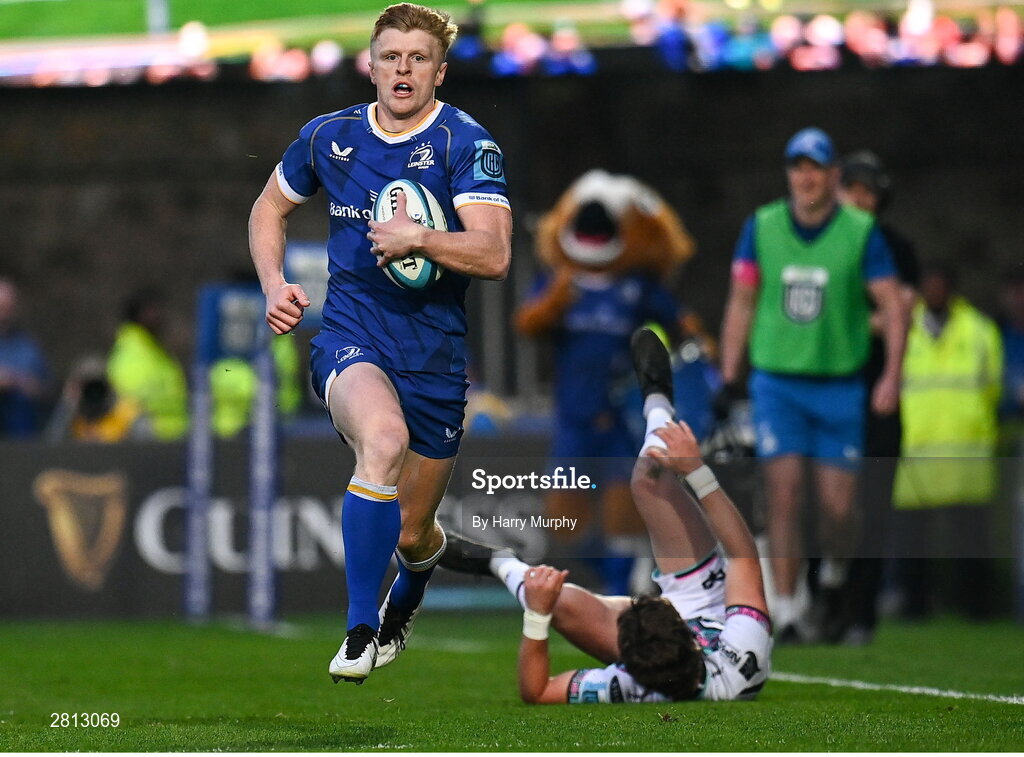 11 May 2024; Tommy O'Brien of Leinster evades the tackle of Jack Walsh of Ospreys during the United Rugby Championship match between Leinster and Ospreys at the RDS Arena in Dublin. Photo by Harry Murphy/Sportsfile