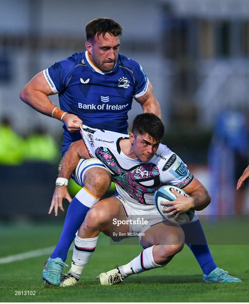 11 May 2024; Reuben Morgan-Williams of Ospreys is held up by Jack Conan of Leinster during the United Rugby Championship match between Leinster and Ospreys at the RDS Arena in Dublin. Photo by Ben McShane/Sportsfile