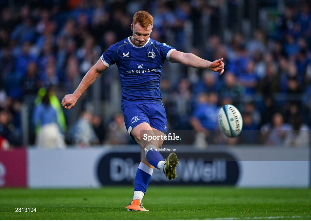 11 May 2024; Ciarán Frawley of Leinster kicks a conversion during the United Rugby Championship match between Leinster and Ospreys at the RDS Arena in Dublin. Photo by Ben McShane/Sportsfile