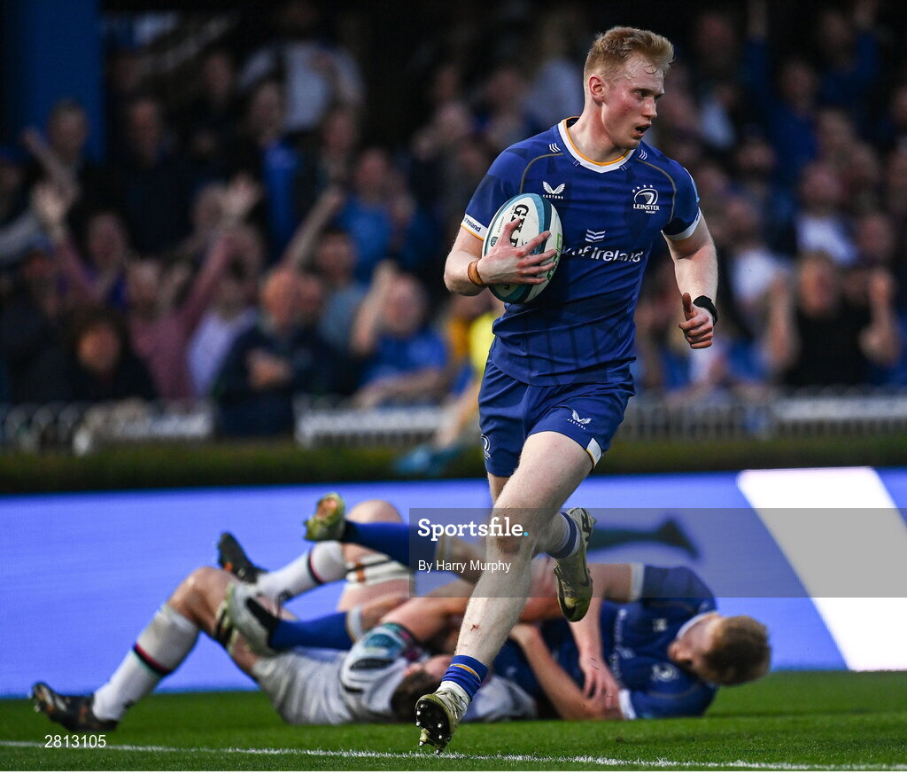 11 May 2024; Jamie Osborne of Leinster on his way to scoring his side's sixth try during the United Rugby Championship match between Leinster and Ospreys at the RDS Arena in Dublin. Photo by Harry Murphy/Sportsfile