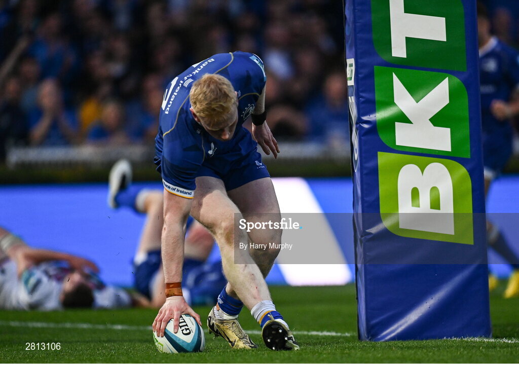 11 May 2024; Jamie Osborne of Leinster scores his side's sixth try during the United Rugby Championship match between Leinster and Ospreys at the RDS Arena in Dublin. Photo by Harry Murphy/Sportsfile