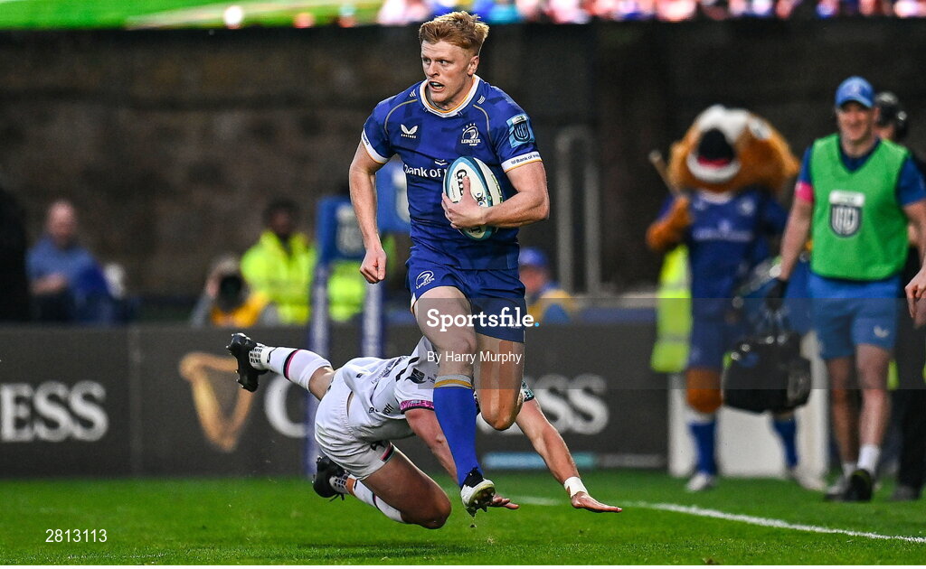 11 May 2024; Tommy O'Brien of Leinster evades the tackle of Jack Walsh of Ospreys during the United Rugby Championship match between Leinster and Ospreys at the RDS Arena in Dublin. Photo by Harry Murphy/Sportsfile
