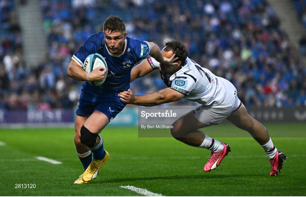 11 May 2024; Jordan Larmour of Leinster is tackled by Evardi Boshoff of Ospreys during the United Rugby Championship match between Leinster and Ospreys at the RDS Arena in Dublin. Photo by Ben McShane/Sportsfile