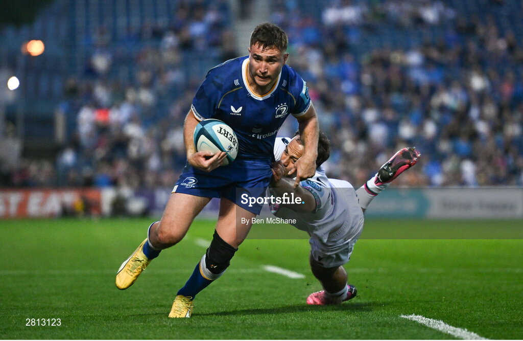 11 May 2024; Jordan Larmour of Leinster is tackled by Evardi Boshoff of Ospreys during the United Rugby Championship match between Leinster and Ospreys at the RDS Arena in Dublin. Photo by Ben McShane/Sportsfile